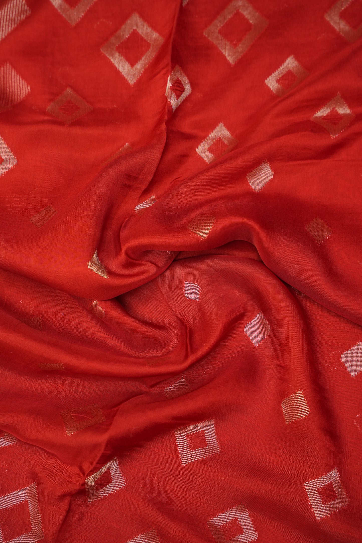 Tussar Banarasi Raw Silk Saree with Geometric Silver Weaving – Rust Orange