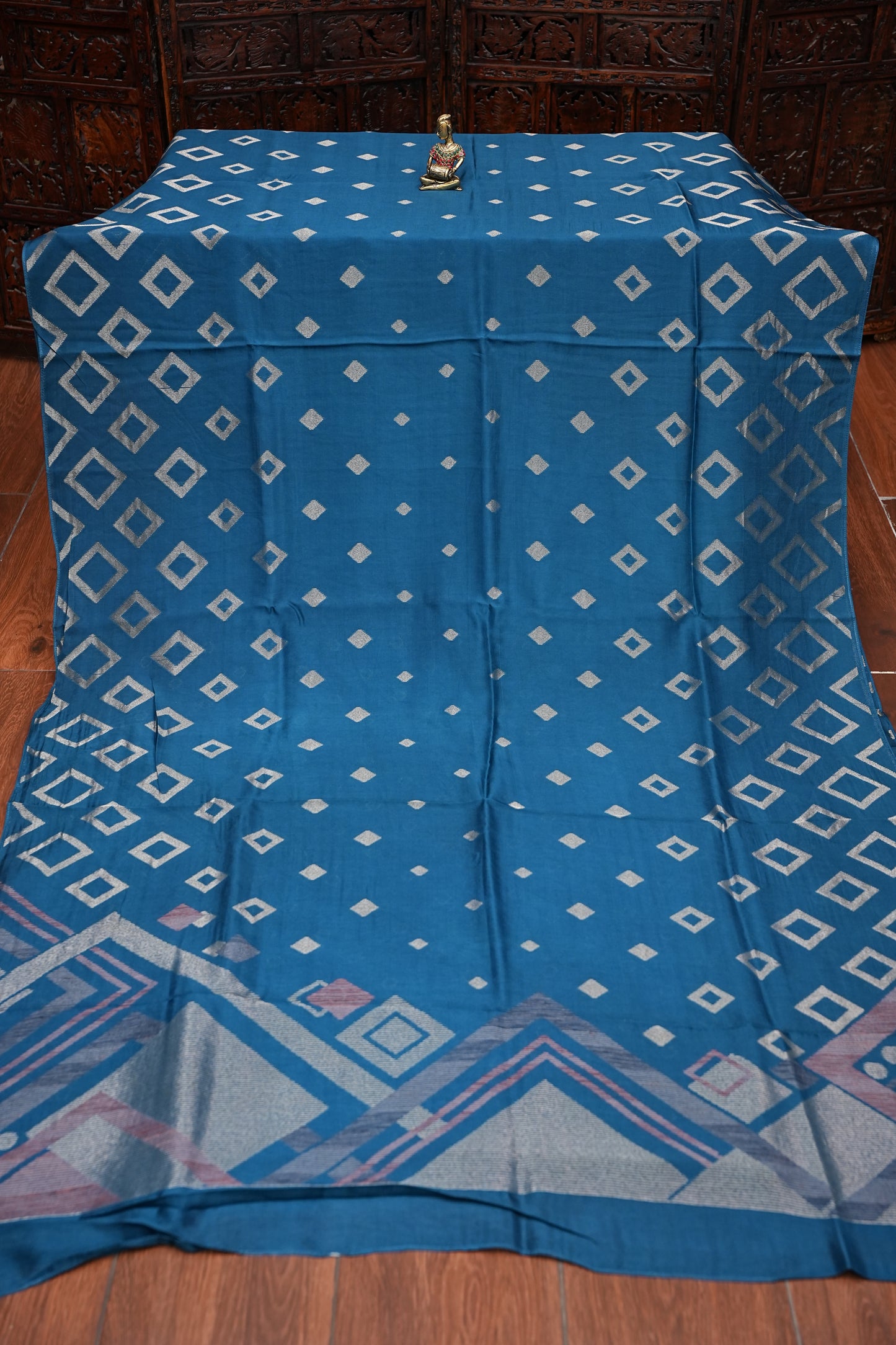 Tussar Banarasi Raw Silk Saree with Geometric Silver Weaving – Teal Blue