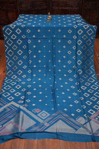 Tussar Banarasi Raw Silk Saree with Geometric Silver Weaving – Teal Blue