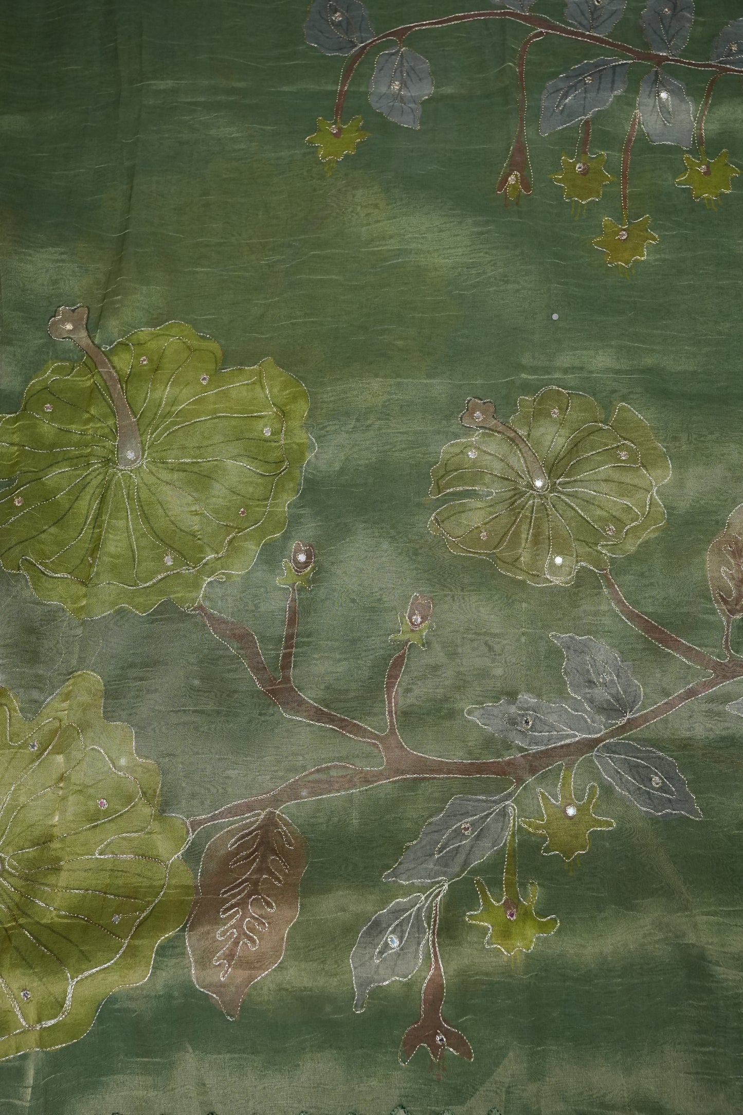 Sage Green Glass Tissue Organza Designer Party Wear Saree with Digital Lotus Prints