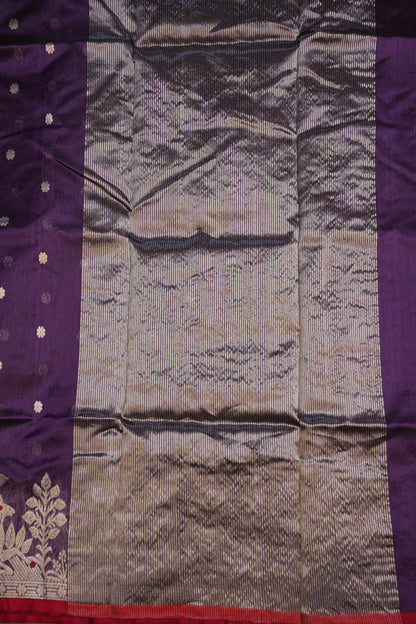 Pure Chanderi Silk Saree with Zari Buttas & Tissue Border - Royal Purple