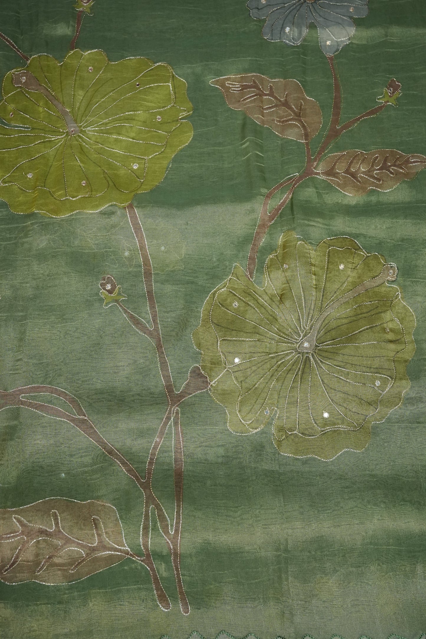 Sage Green Glass Tissue Organza Designer Party Wear Saree with Digital Lotus Prints
