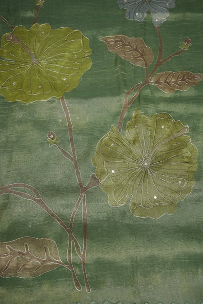 Sage Green Glass Tissue Organza Designer Party Wear Saree with Digital Lotus Prints