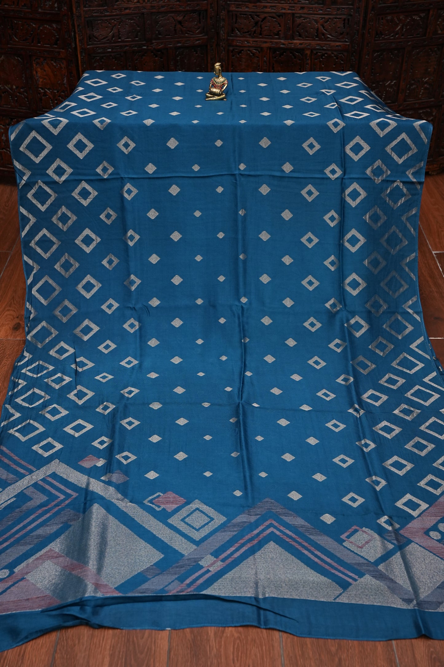 Tussar Banarasi Raw Silk Saree with Geometric Silver Weaving – Teal Blue
