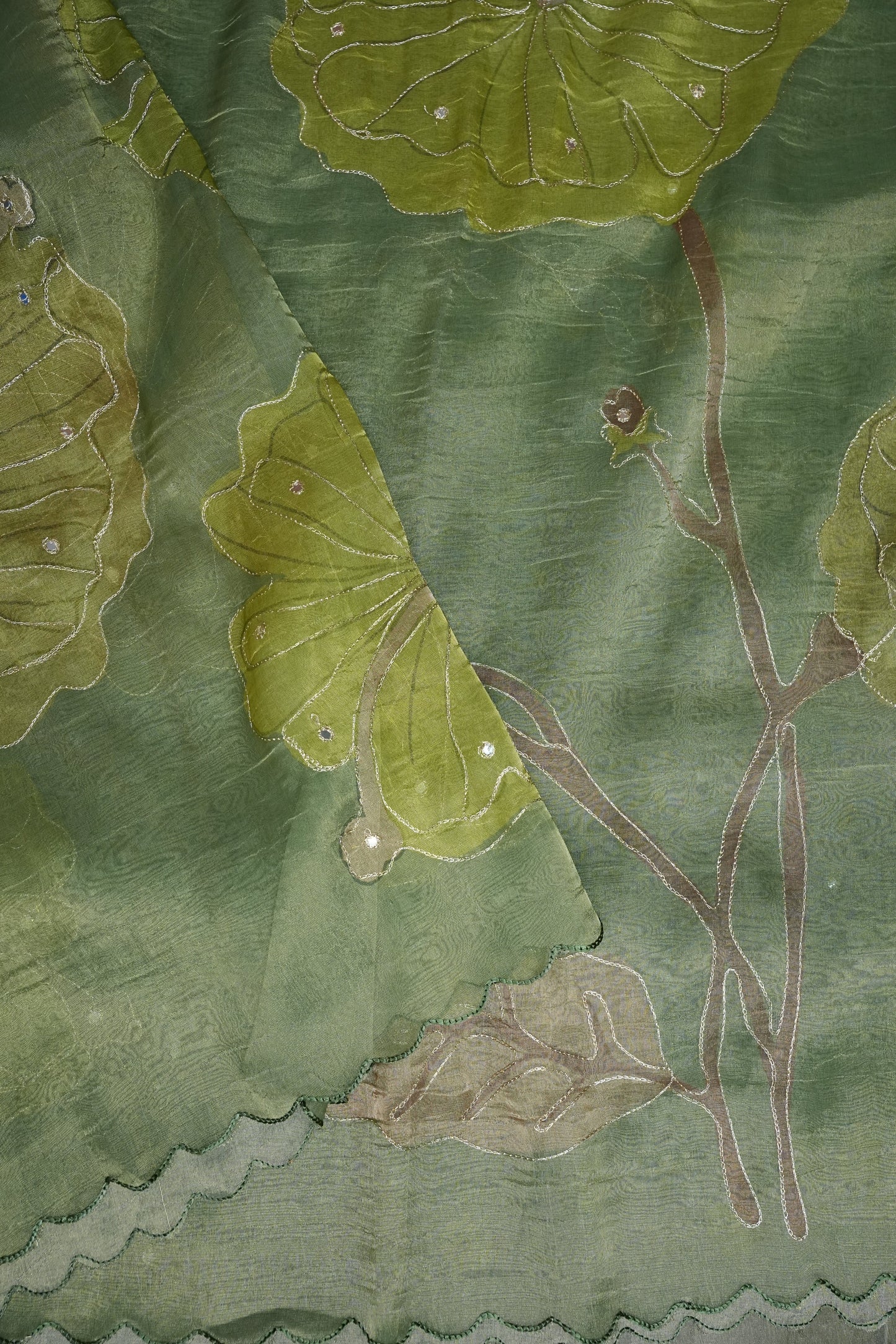 Sage Green Glass Tissue Organza Designer Party Wear Saree with Digital Lotus Prints