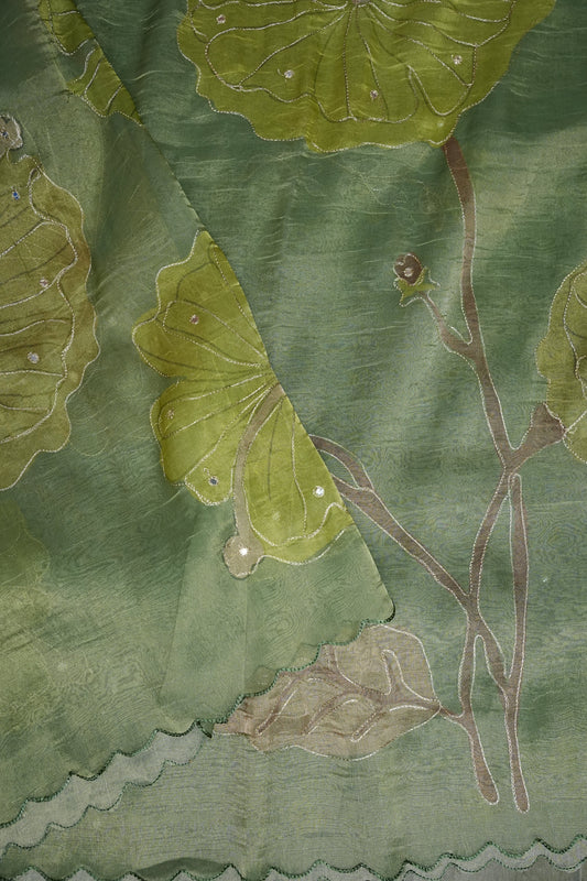 Sage Green Glass Tissue Organza Designer Party Wear Saree with Digital Lotus Prints