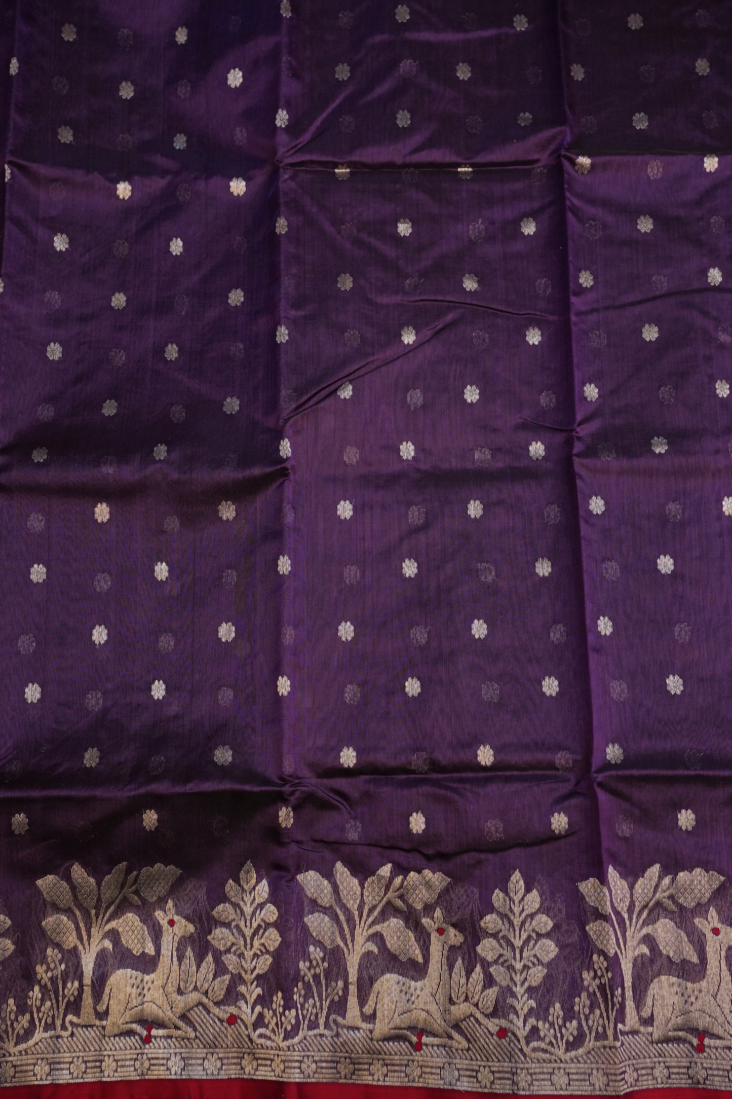 Pure Chanderi Silk Saree with Zari Buttas & Tissue Border - Royal Purple