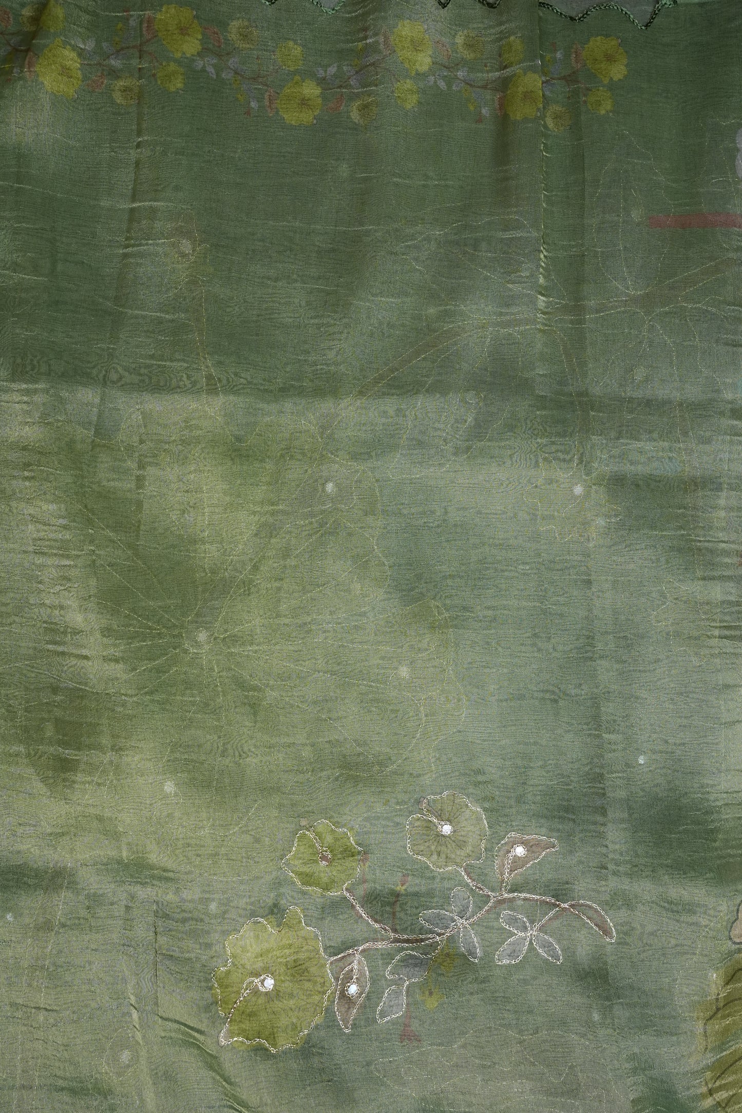 Sage Green Glass Tissue Organza Designer Party Wear Saree with Digital Lotus Prints