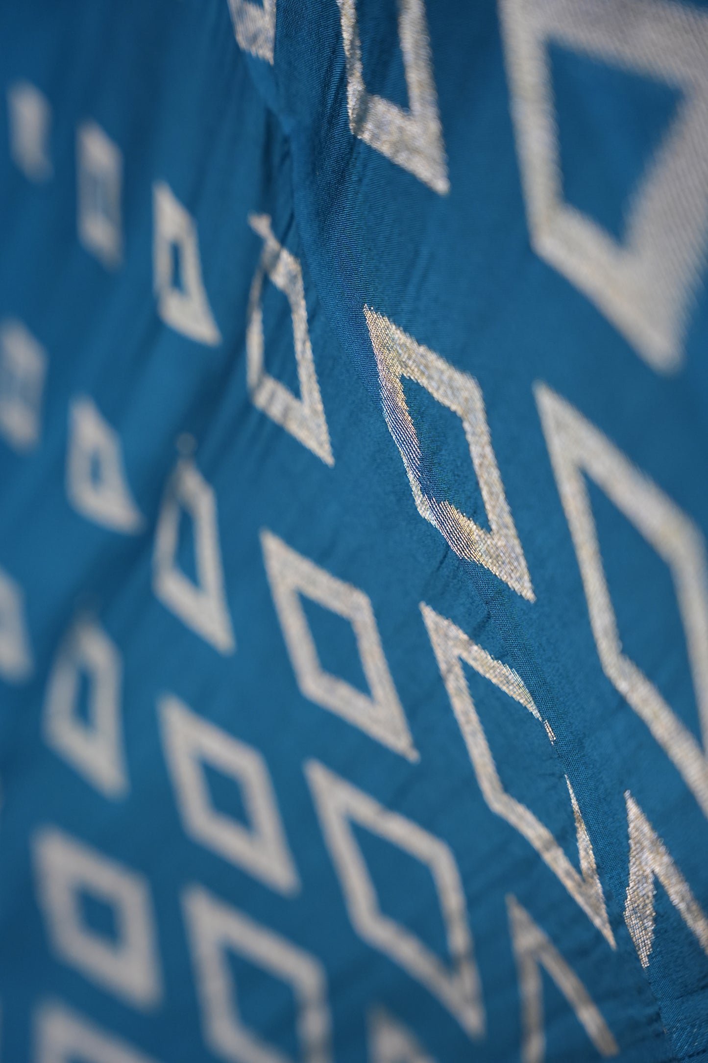 Tussar Banarasi Raw Silk Saree with Geometric Silver Weaving – Teal Blue
