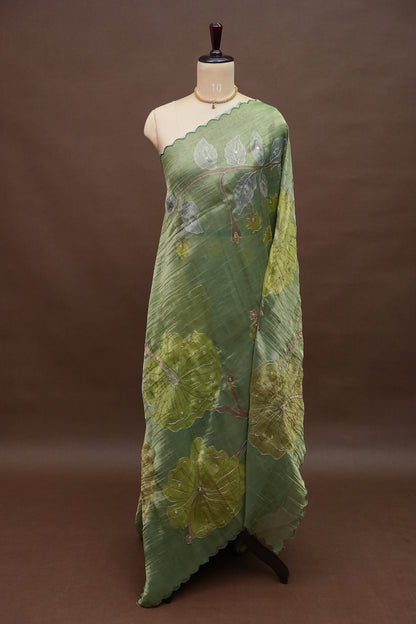 Sage Green Glass Tissue Organza Designer Party Wear Saree with Digital Lotus Prints