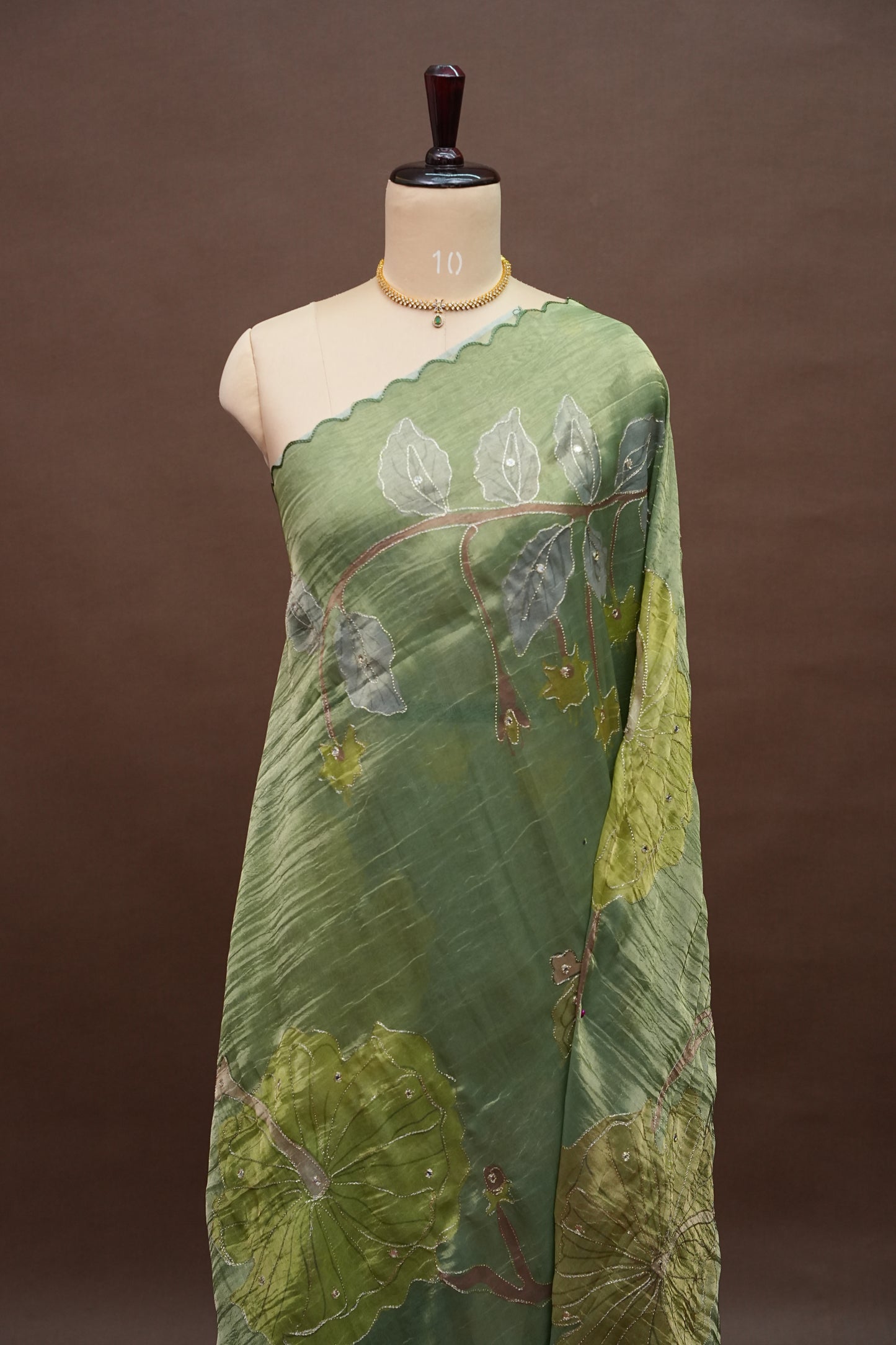 Sage Green Glass Tissue Organza Designer Party Wear Saree with Digital Lotus Prints