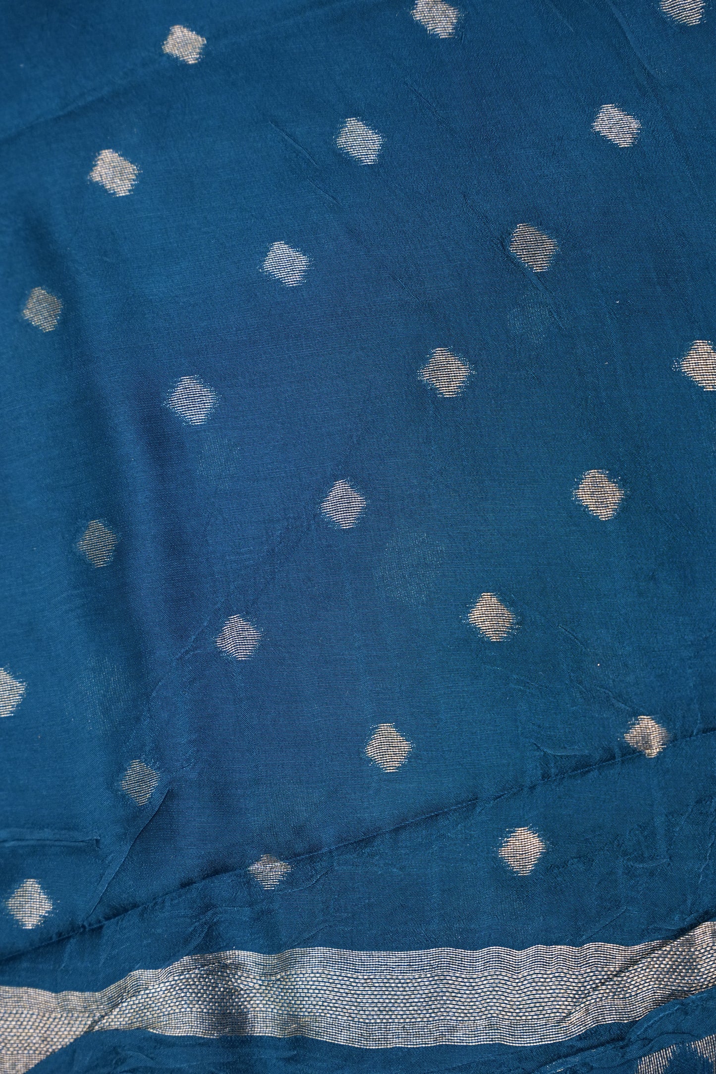 Tussar Banarasi Raw Silk Saree with Geometric Silver Weaving – Teal Blue
