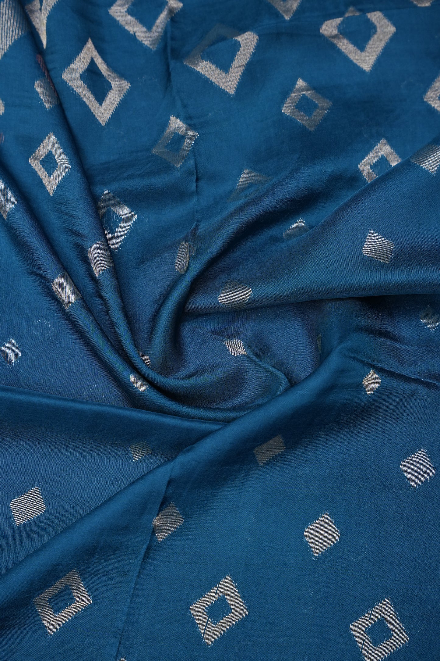Tussar Banarasi Raw Silk Saree with Geometric Silver Weaving – Teal Blue