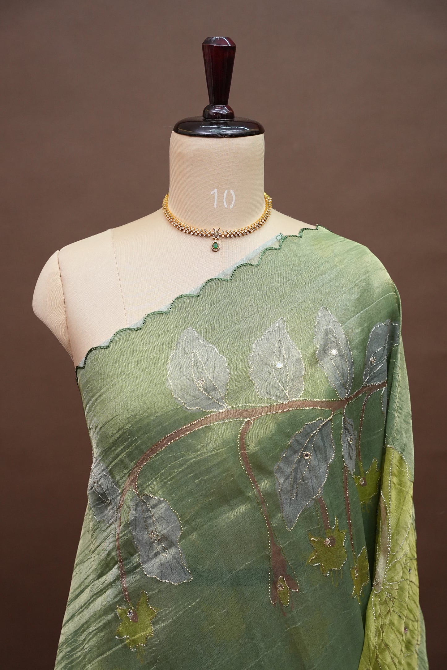 Sage Green Glass Tissue Organza Designer Party Wear Saree with Digital Lotus Prints