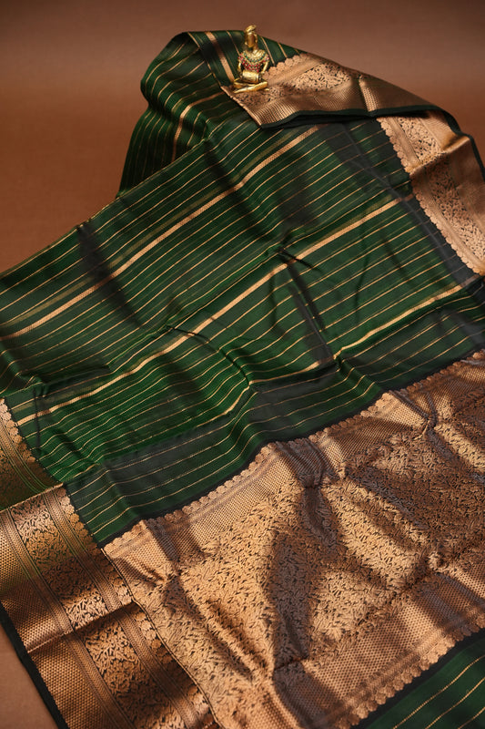 Pure Chanderi Silk Saree with Zari Buttas & Tissue Border - Deep Green