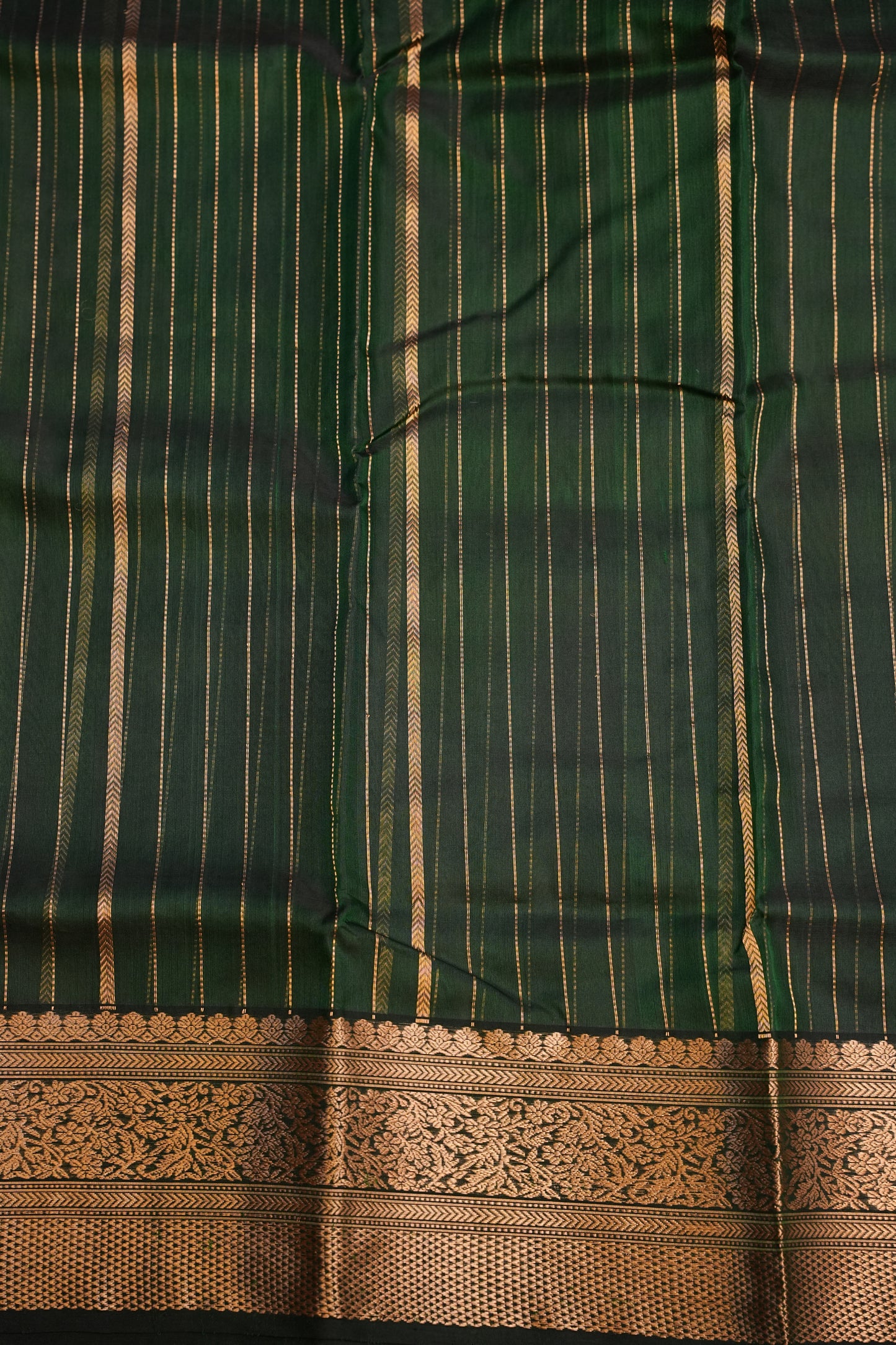 Pure Chanderi Silk Saree with Zari Buttas & Tissue Border - Deep Green