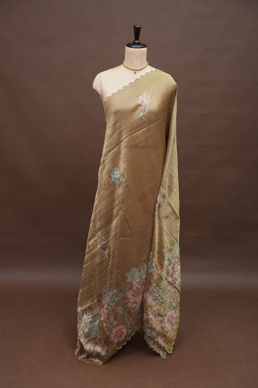 Gold Shade Glass Tissue Organza Designer Party Wear Saree