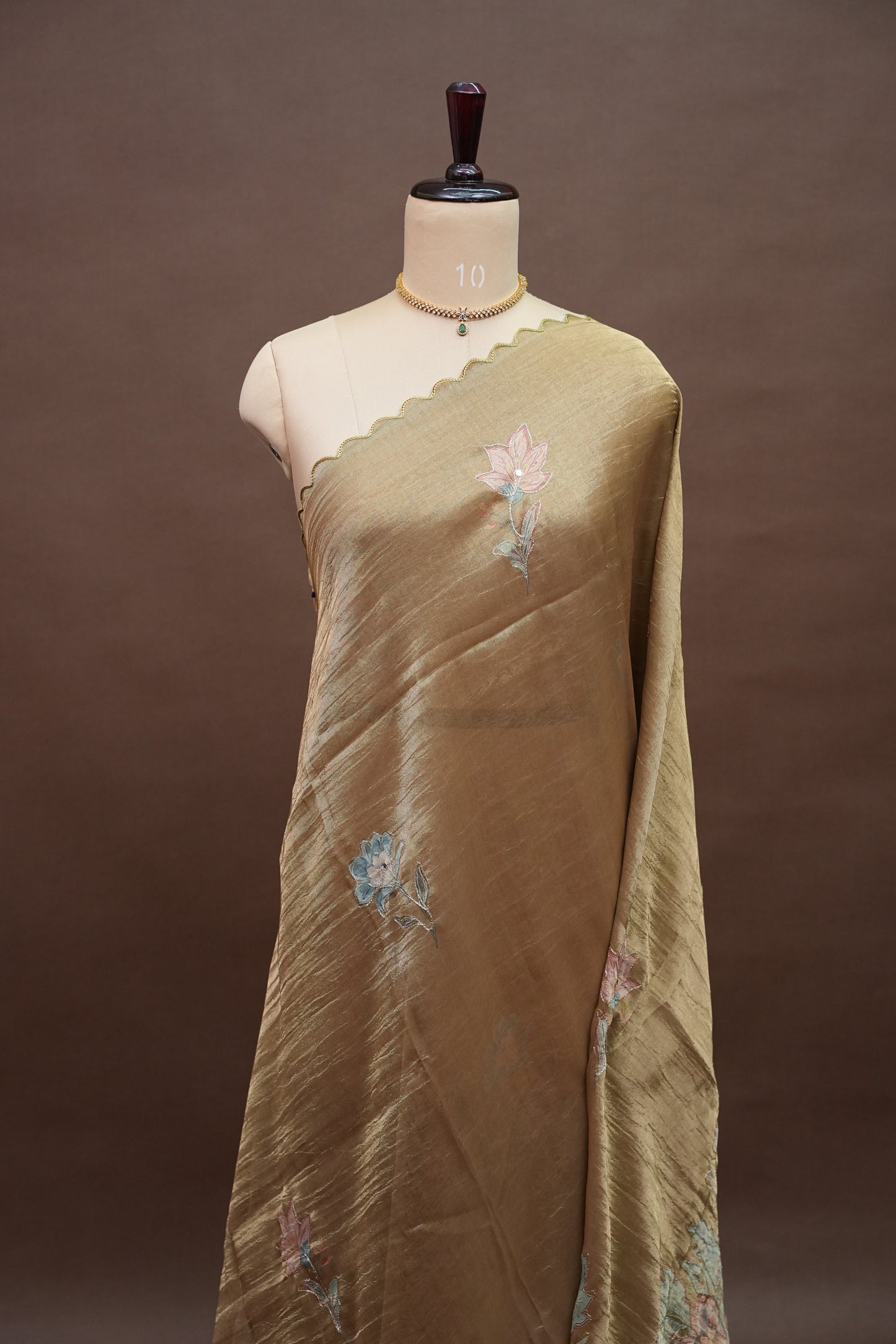 Gold Shade Glass Tissue Organza Designer Party Wear Saree