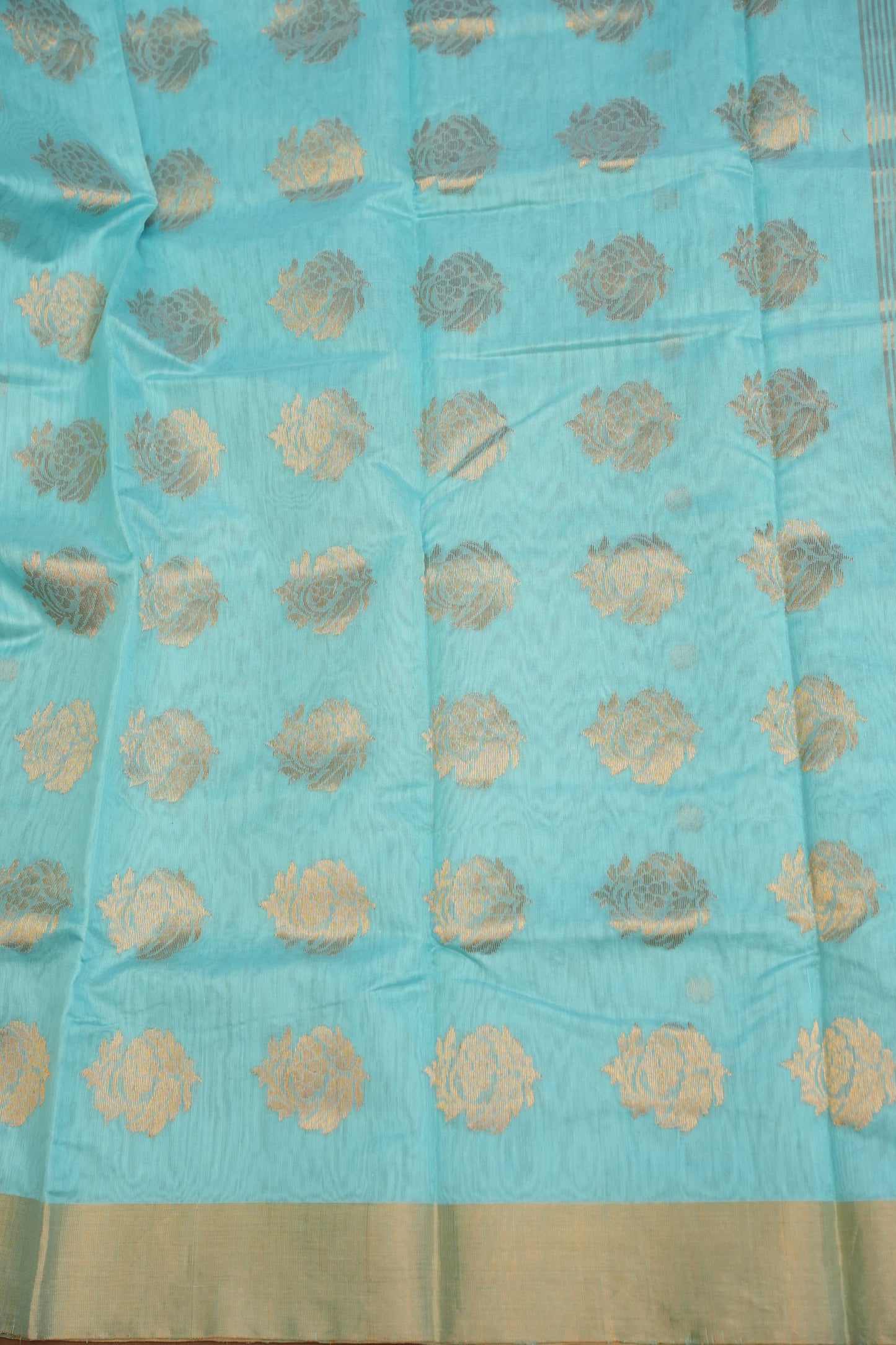 Pure Chanderi Silk Saree with Zari Buttas & Tissue Border - Sky Blue