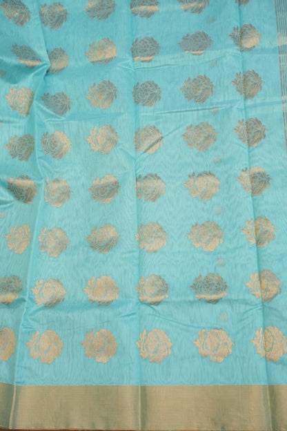 Pure Chanderi Silk Saree with Zari Buttas & Tissue Border - Sky Blue