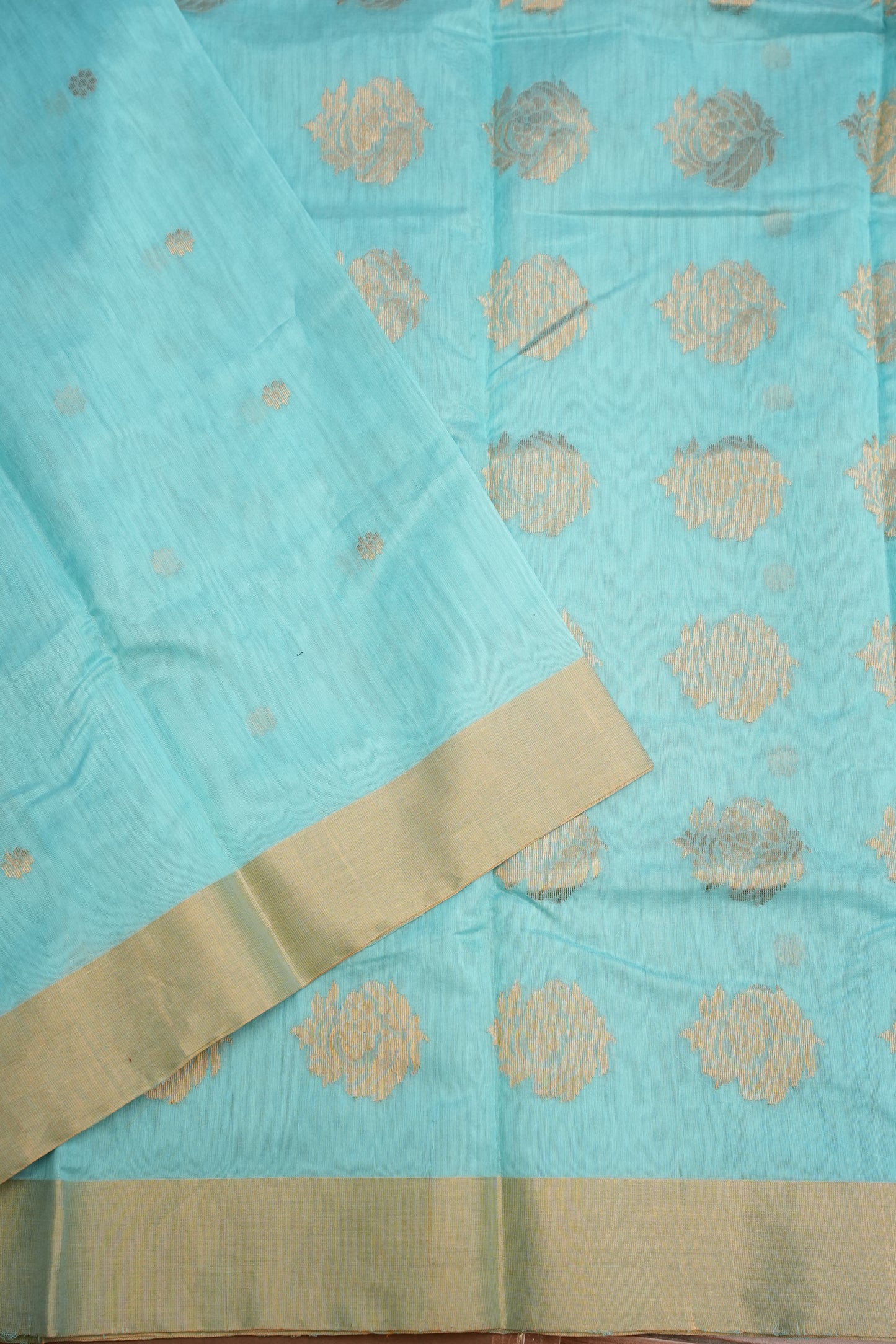 Pure Chanderi Silk Saree with Zari Buttas & Tissue Border - Sky Blue