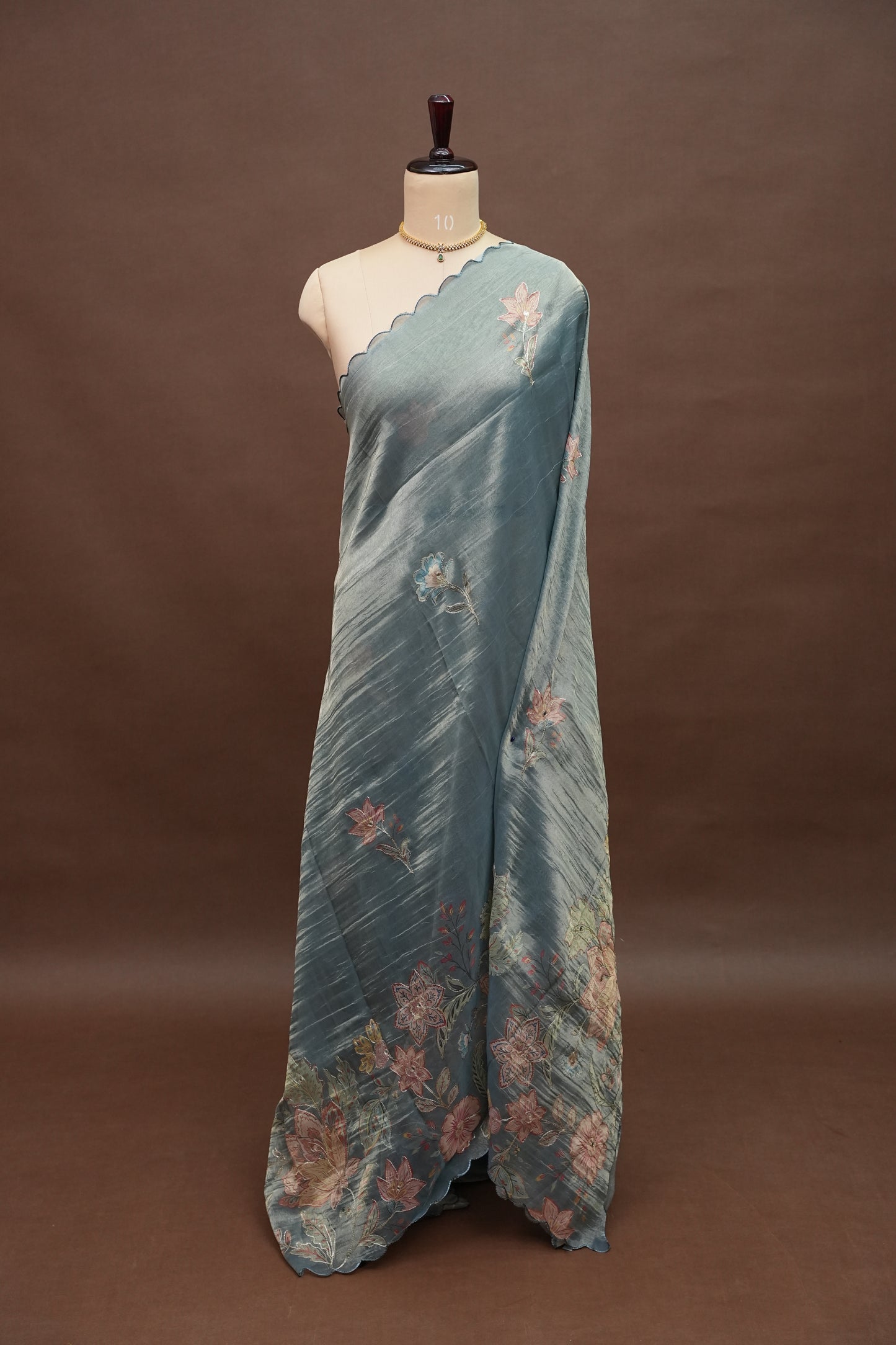 Glass Tissue Organza Designer Party Wear Saree with Digital Floral Prints -Dusty Blue Grey