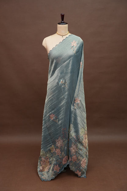 Glass Tissue Organza Designer Party Wear Saree with Digital Floral Prints -Dusty Blue Grey