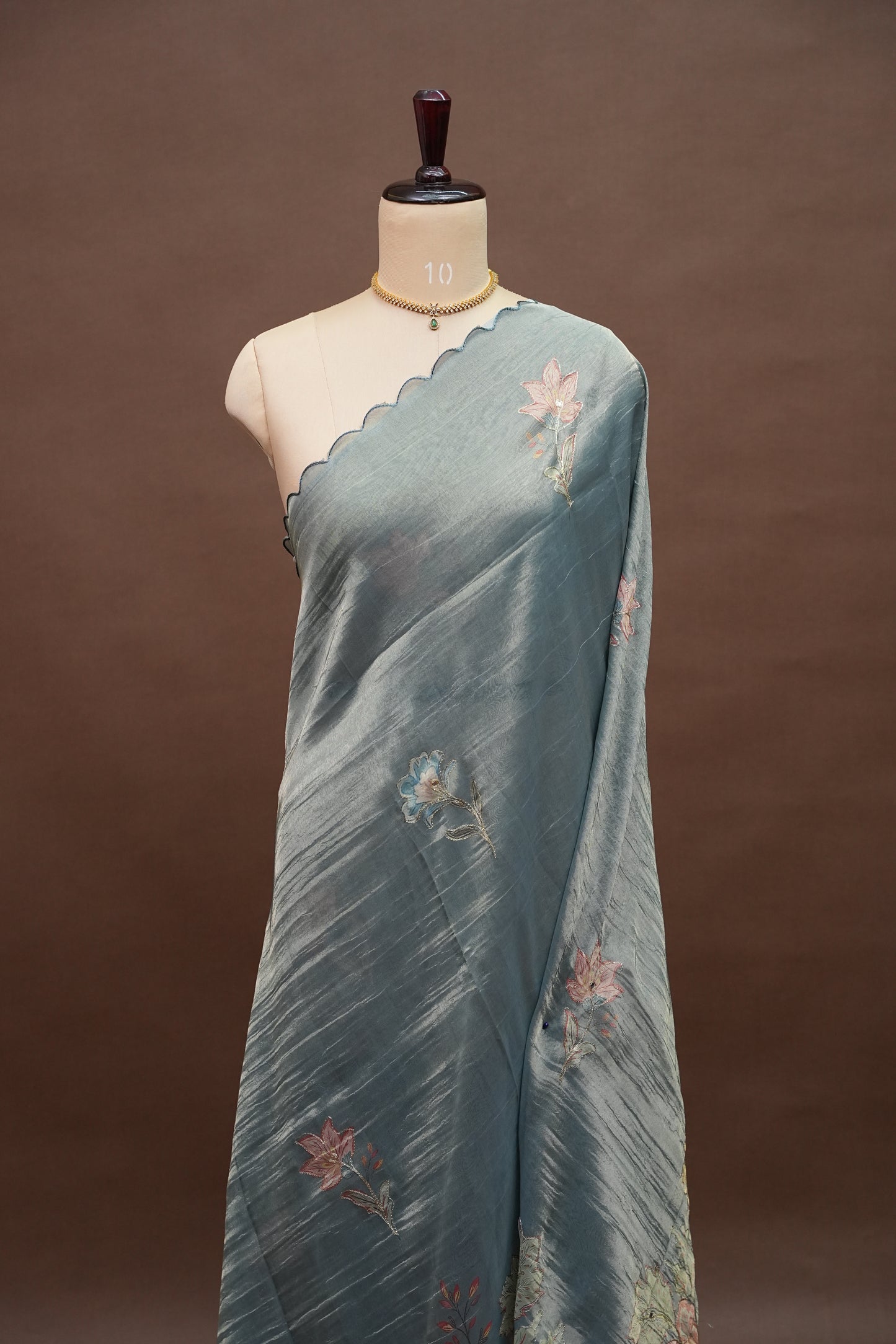 Glass Tissue Organza Designer Party Wear Saree with Digital Floral Prints -Dusty Blue Grey