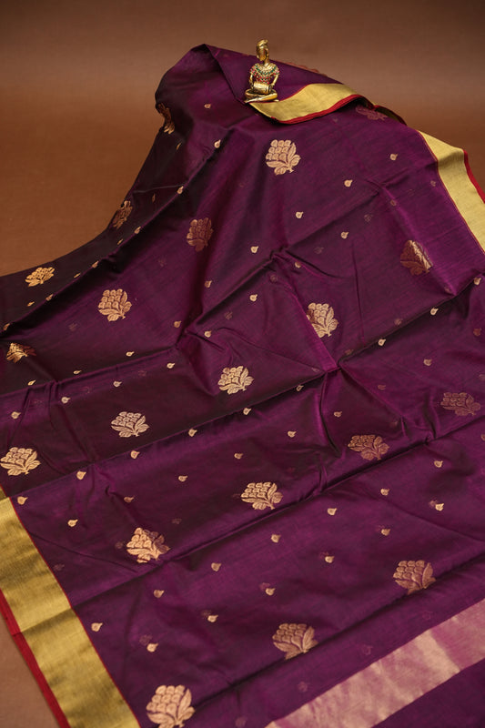 Pure Chanderi Silk Saree with Zari Buttas & Tissue Border - Dark Pink