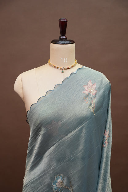 Glass Tissue Organza Designer Party Wear Saree with Digital Floral Prints -Dusty Blue Grey
