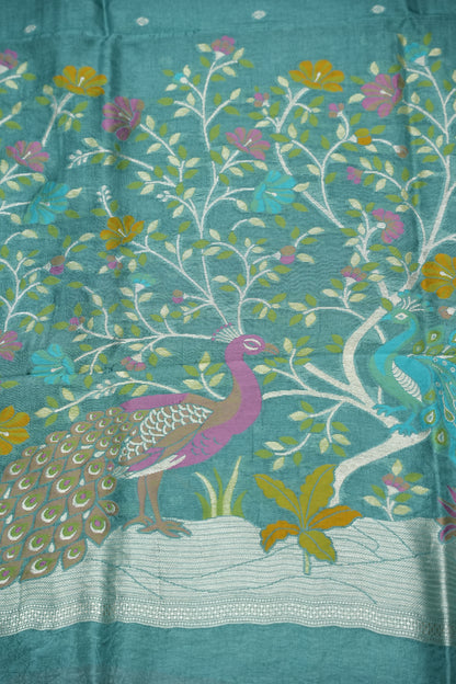 Tussar Banarasi Raw Silk Saree with Floral Zari Butta Weaving – Aqua Green