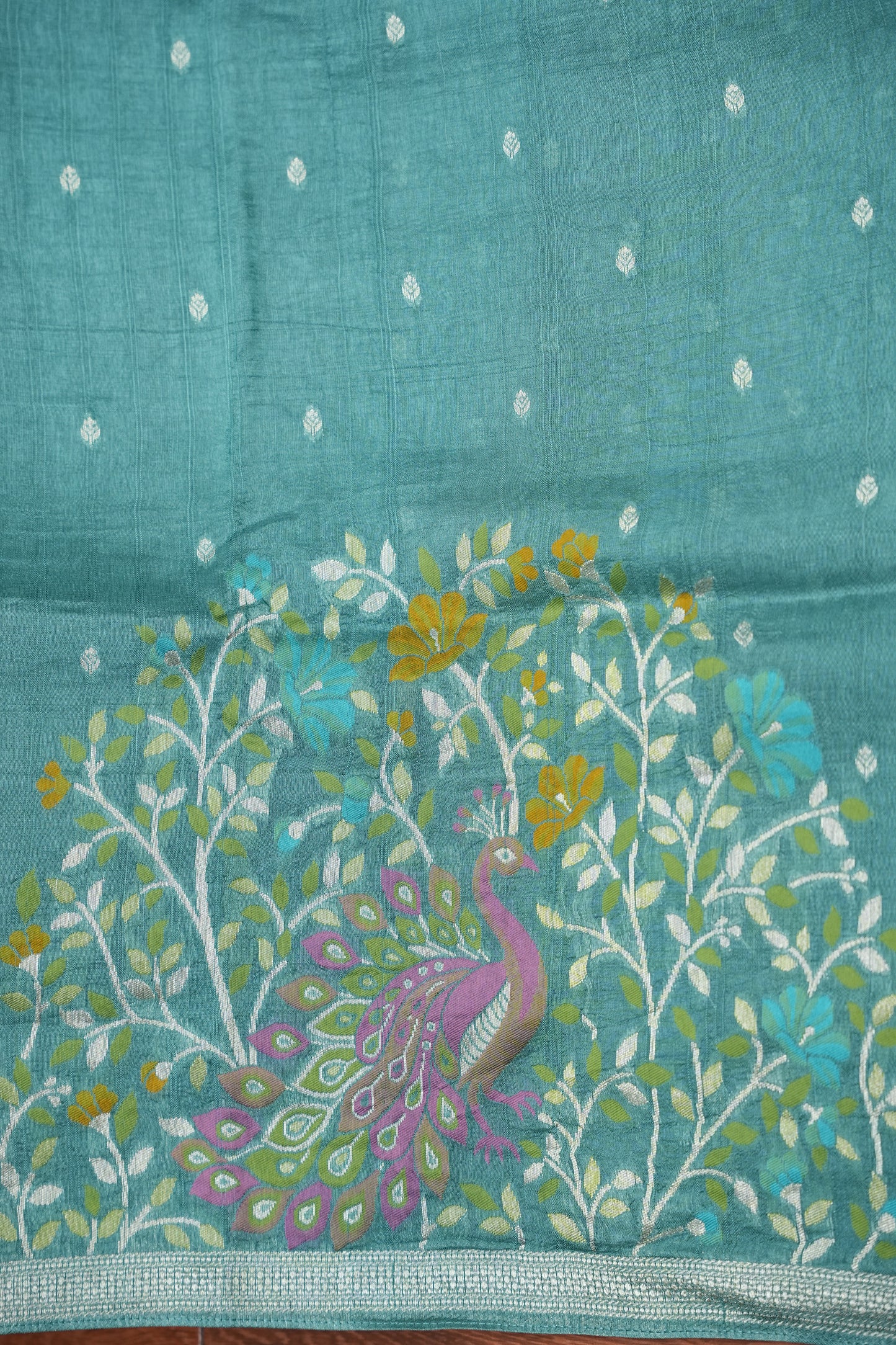 Tussar Banarasi Raw Silk Saree with Floral Zari Butta Weaving – Aqua Green