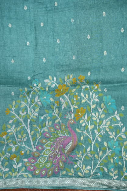 Tussar Banarasi Raw Silk Saree with Floral Zari Butta Weaving – Aqua Green