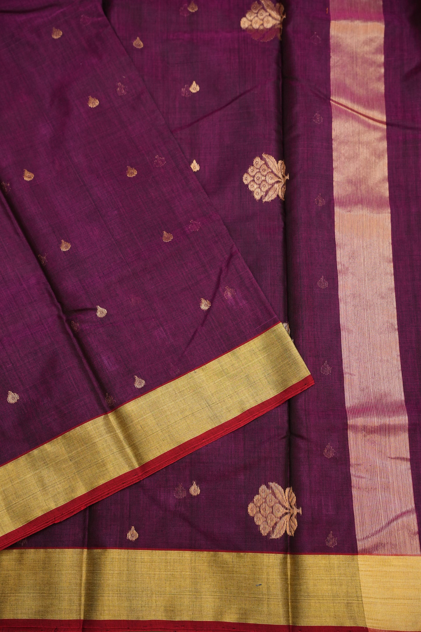 Pure Chanderi Silk Saree with Zari Buttas & Tissue Border - Dark Pink