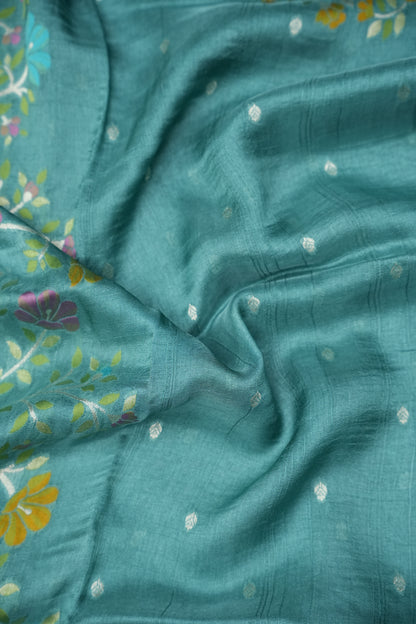 Tussar Banarasi Raw Silk Saree with Floral Zari Butta Weaving – Aqua Green
