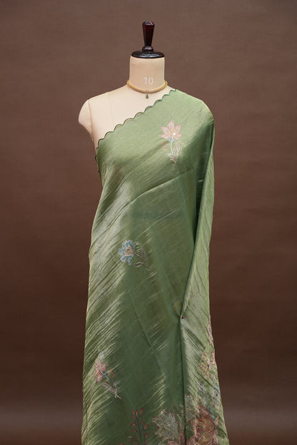 Sage Green Glass Tissue Organza Designer Party Wear Saree