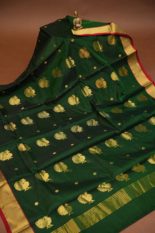 Pure Chanderi Silk Saree with Zari Buttas & Tissue Border - Dark Green
