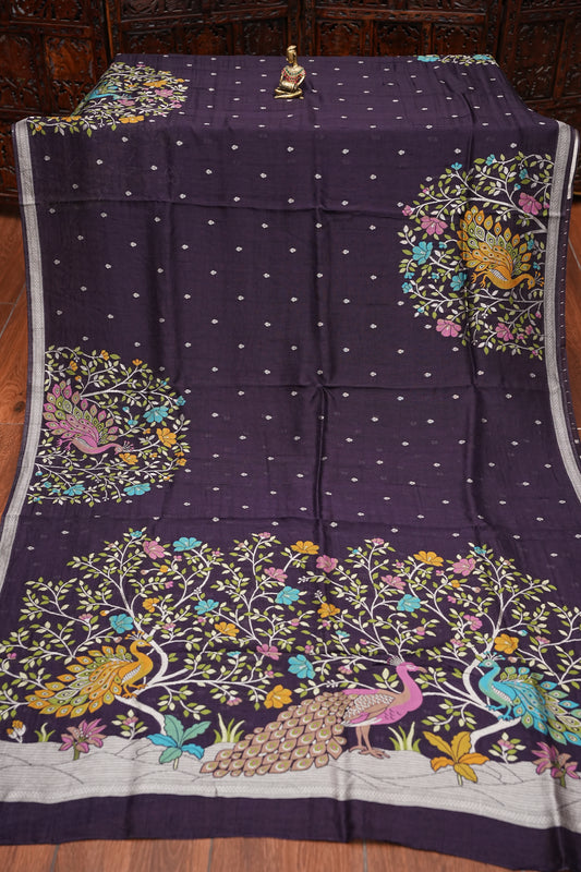 Tussar Banarasi Raw Silk Saree with Floral Paithani Weaves – Deep Purple