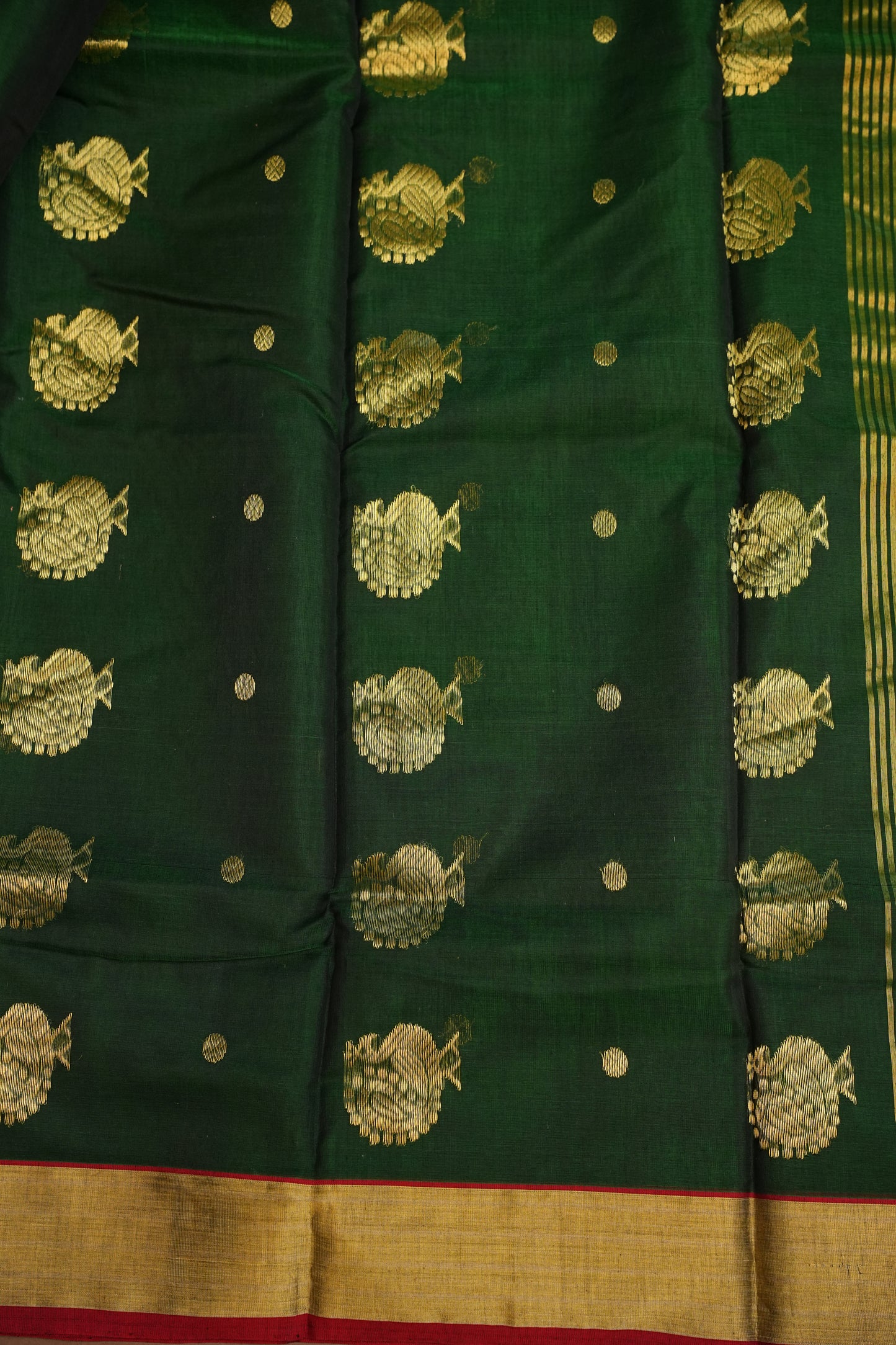 Pure Chanderi Silk Saree with Zari Buttas & Tissue Border - Dark Green