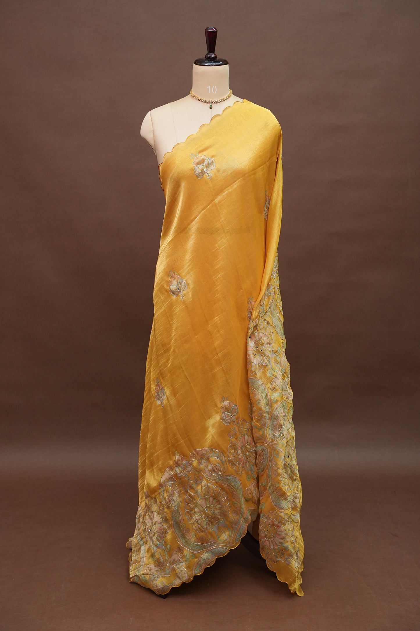 Bright Mustard Gold Glass Tissue Organza Designer Party Wear Saree