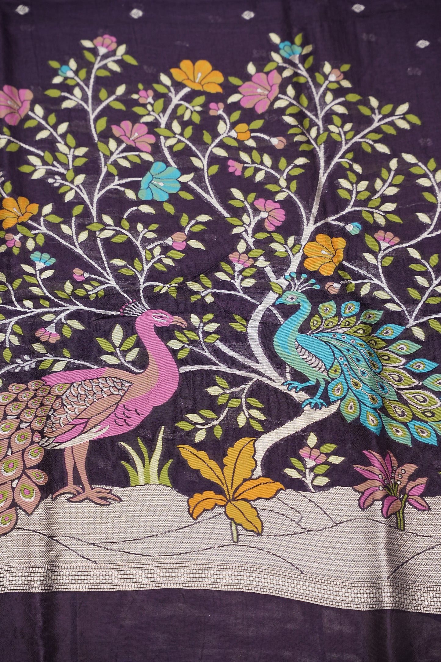 Tussar Banarasi Raw Silk Saree with Floral Paithani Weaves – Deep Purple