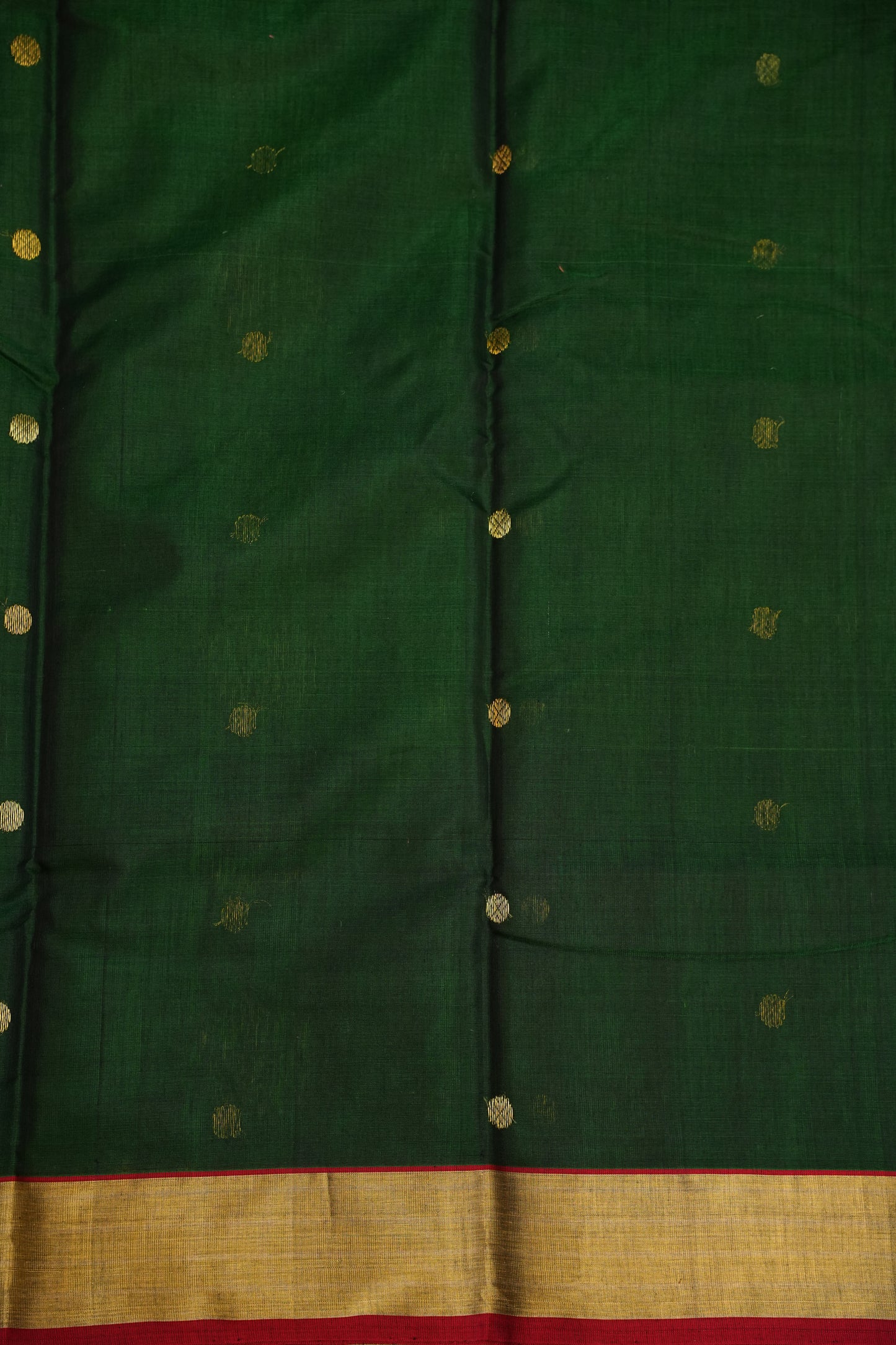 Pure Chanderi Silk Saree with Zari Buttas & Tissue Border - Dark Green