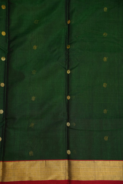 Pure Chanderi Silk Saree with Zari Buttas & Tissue Border - Dark Green