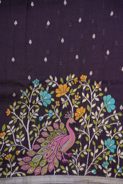 Tussar Banarasi Raw Silk Saree with Floral Paithani Weaves – Deep Purple