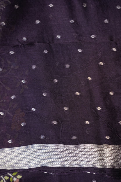 Tussar Banarasi Raw Silk Saree with Floral Paithani Weaves – Deep Purple