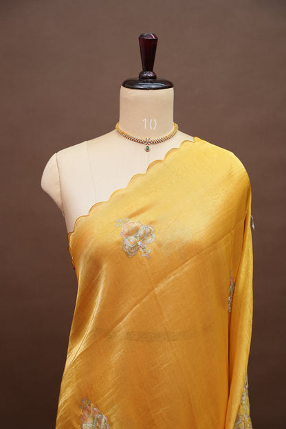 Bright Mustard Gold Glass Tissue Organza Designer Party Wear Saree