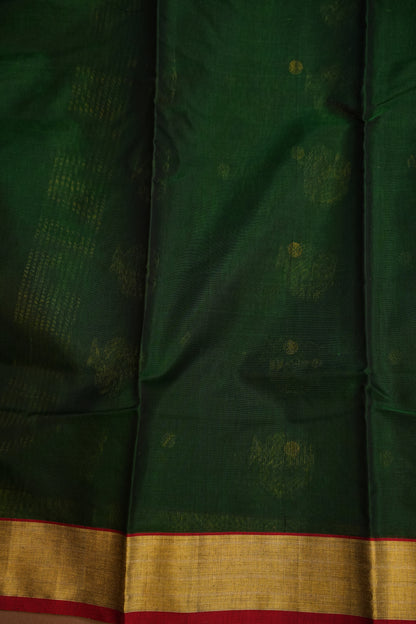 Pure Chanderi Silk Saree with Zari Buttas & Tissue Border - Dark Green