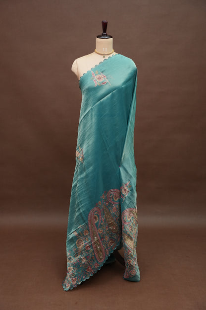 Teal Blue Glass Tissue Organza Designer Party Wear Saree
