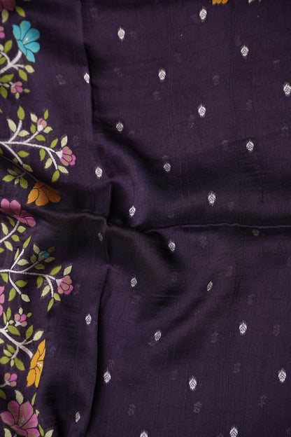 Tussar Banarasi Raw Silk Saree with Floral Paithani Weaves – Deep Purple