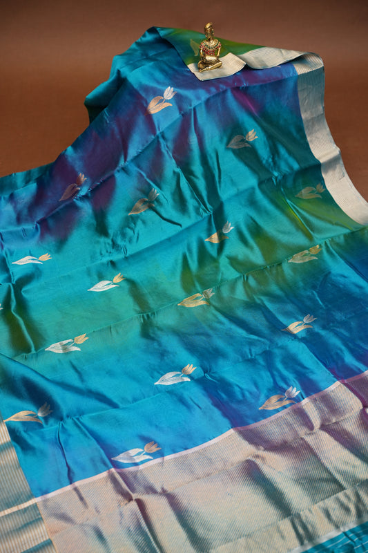 Pure Chanderi Silk Saree with Zari Buttas & Tissue Border - Dual Tone Blue